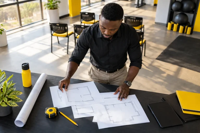Planner arranging a room sketch, tape measure and yellow pencil