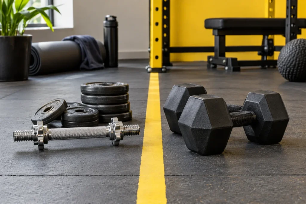 Plate-loaded dumbbell handle and plates beside fixed hex dumbbells