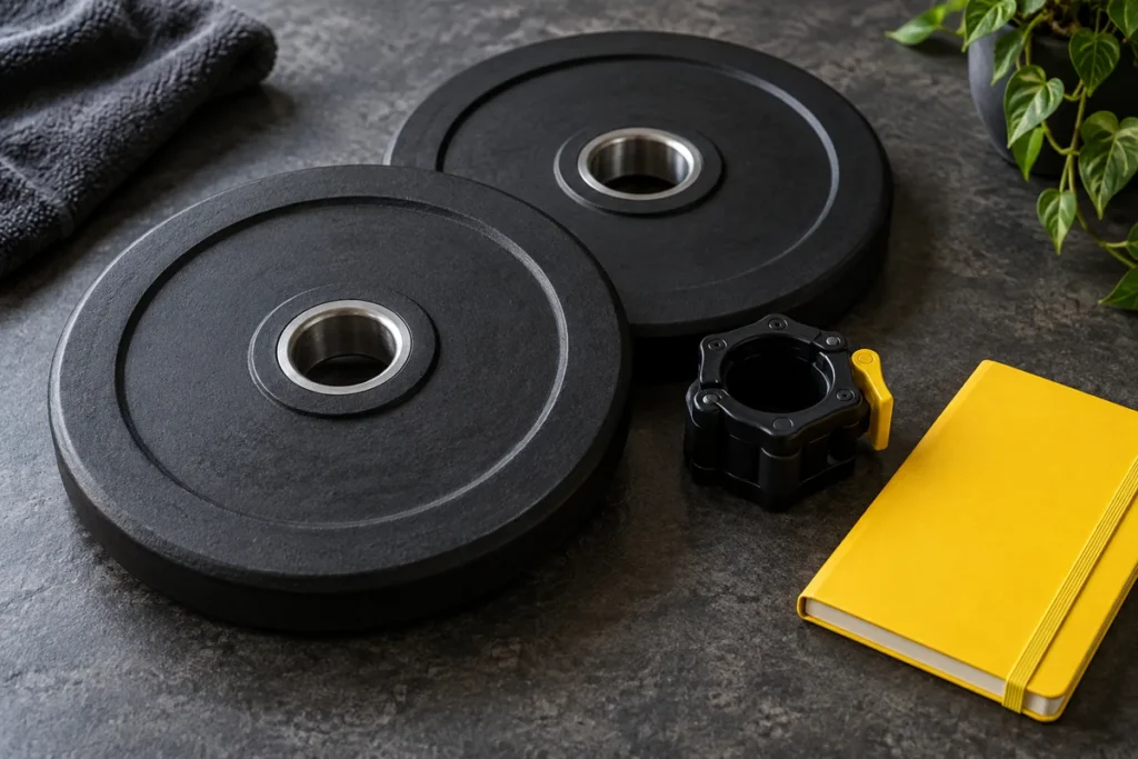 Weight plates with metal-lined centre holes beside a barbell collar