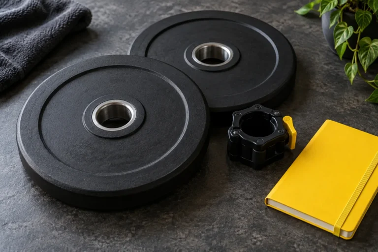 Weight plates with metal-lined centre holes beside a barbell collar