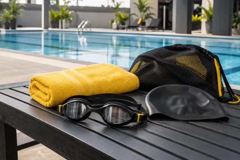 Swimming goggles and cap on a yellow towel beside a pool