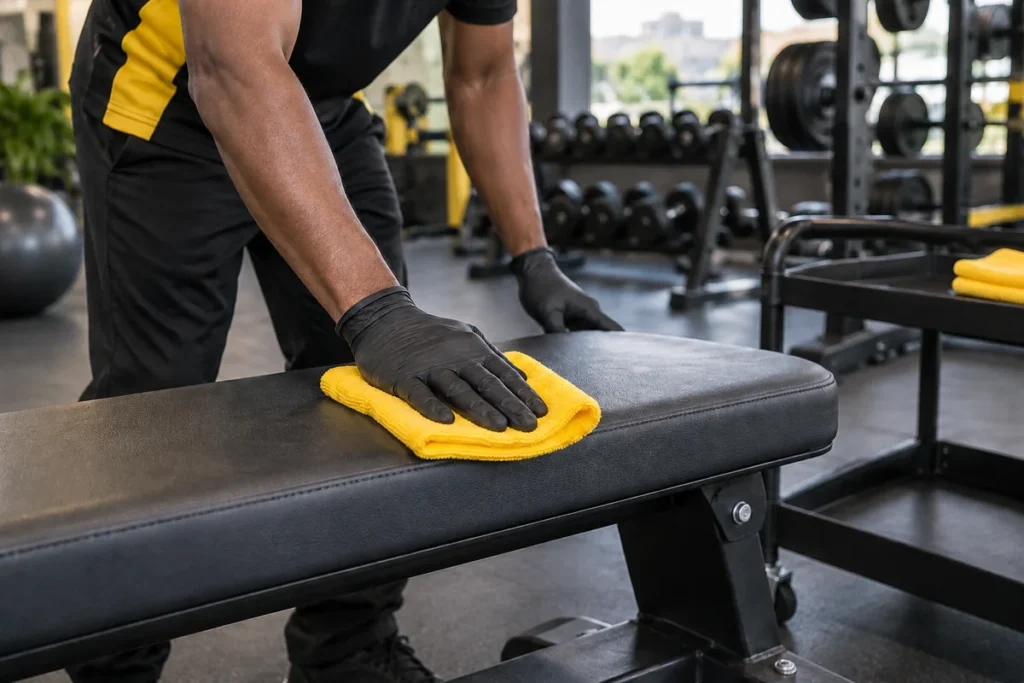 Gloved hands wiping a gym bench with a clean cloth