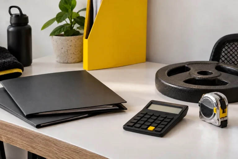 Quotation folders, a calculator and tape measure beside a weight plate