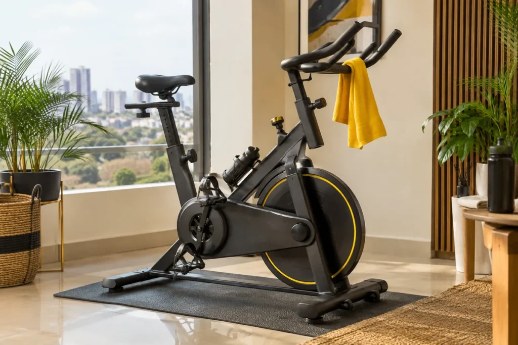 Unbranded exercise bike in a bright room with a yellow towel