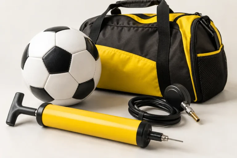 Plain football beside a pump and pressure gauge