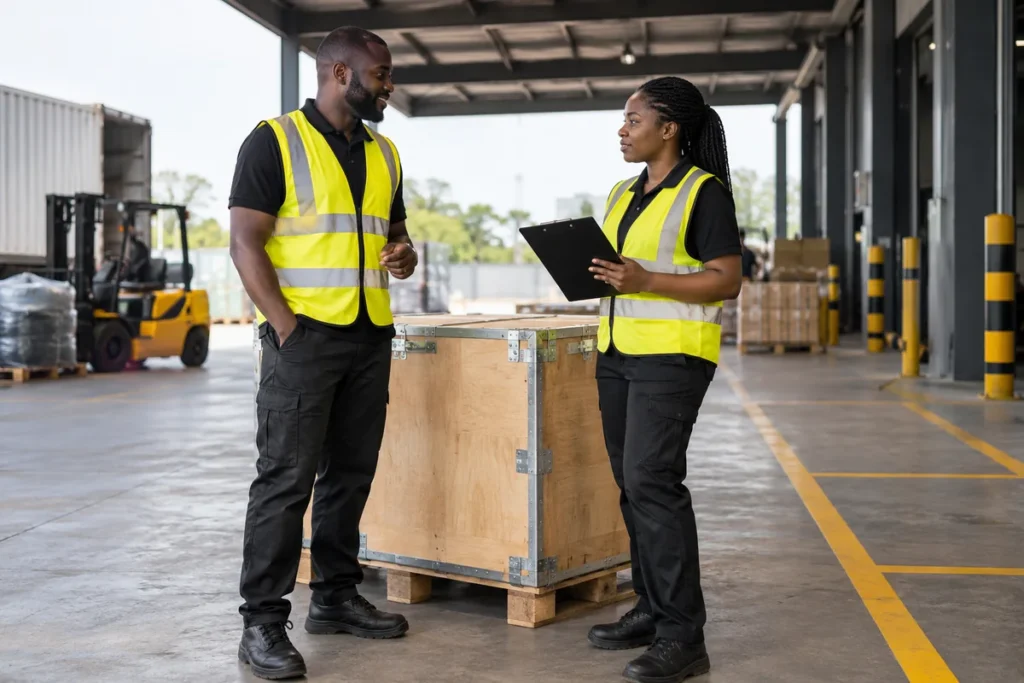 Two logistics workers reviewing a clipboard beside a secured crate