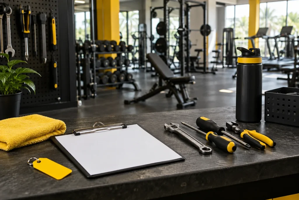 Blank clipboard, yellow asset tag and tools on a gym workbench