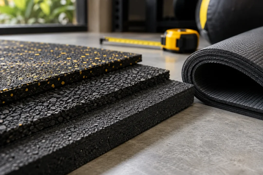 Textured rubber flooring samples beside a rolled exercise mat