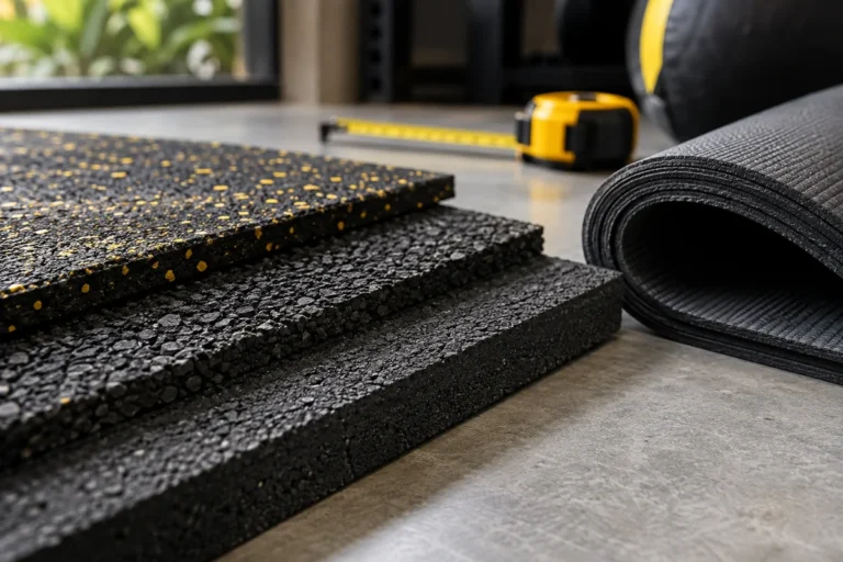 Textured rubber flooring samples beside a rolled exercise mat