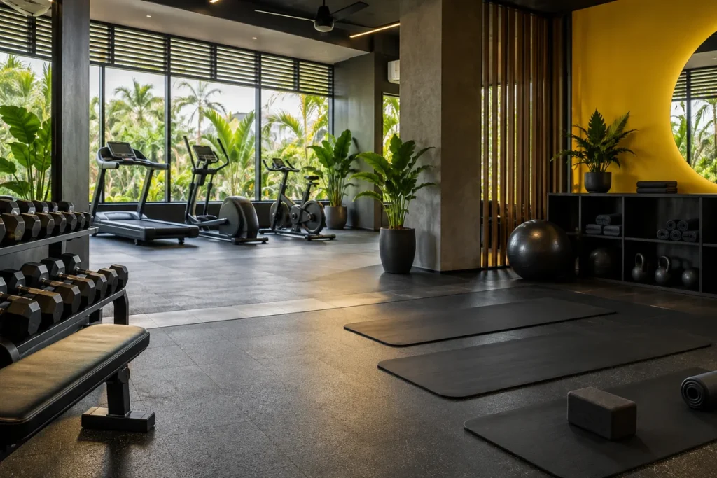 Illustrative shared gym with cardio, weights and floor-exercise areas