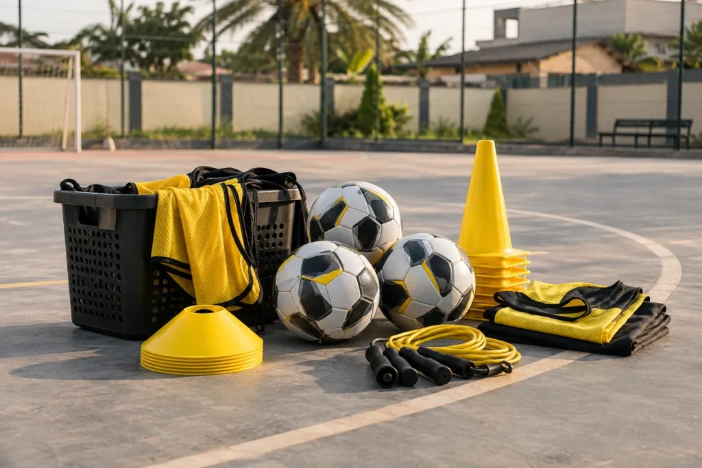 School sports kit arranged on an empty outdoor court