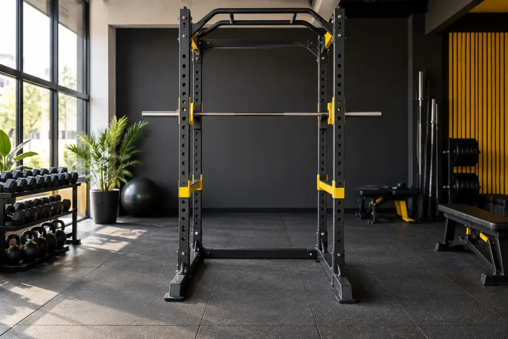 Illustrative power cage with an unloaded bar and safety supports