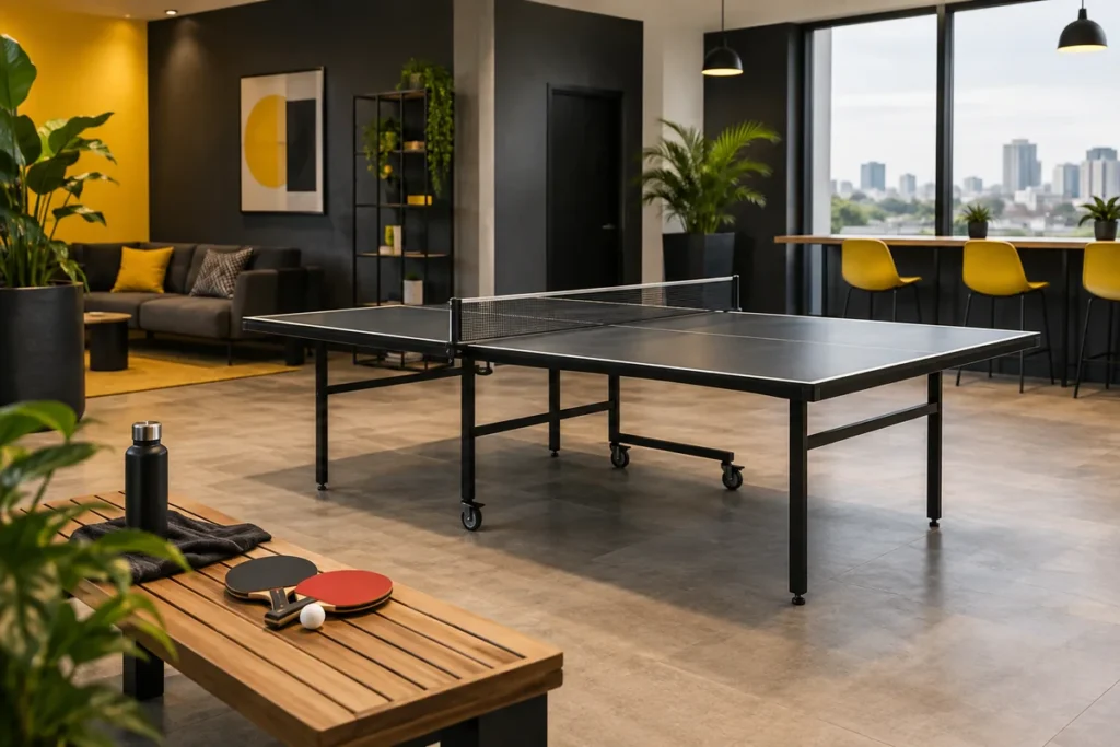 Table-tennis table in an uncluttered office recreation room