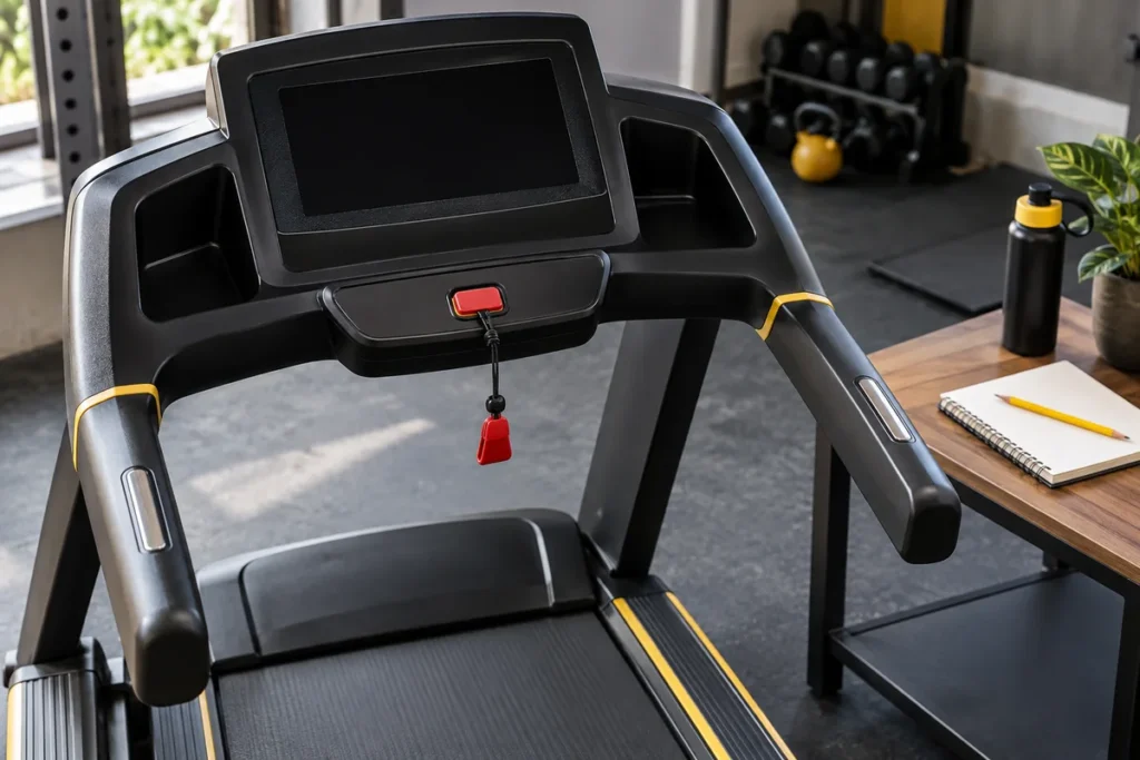 Idle treadmill console and safety clip beside a notebook