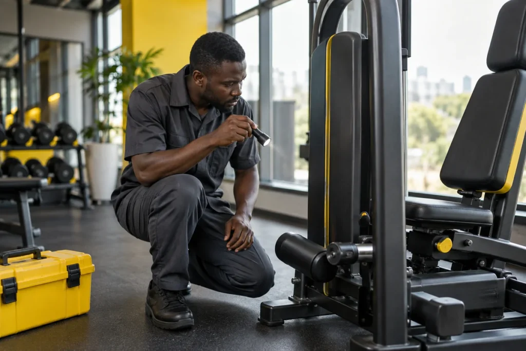 Technician visually inspecting the exterior of a strength machine