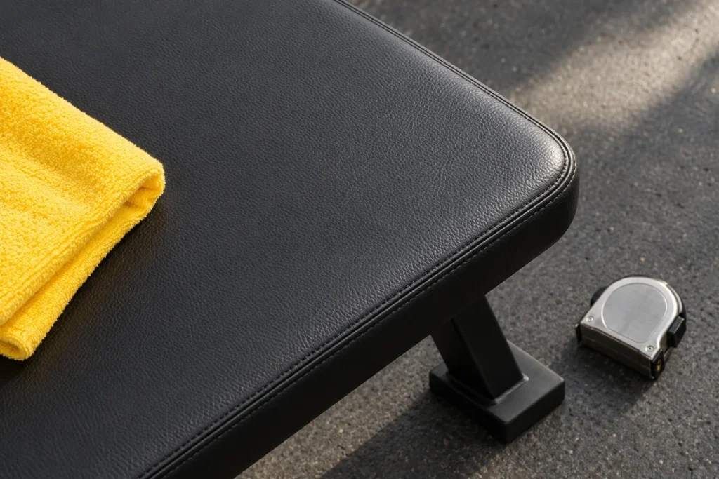 Close-up of a black upholstered bench pad and folded yellow towel