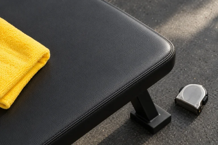 Close-up of a black upholstered bench pad and folded yellow towel