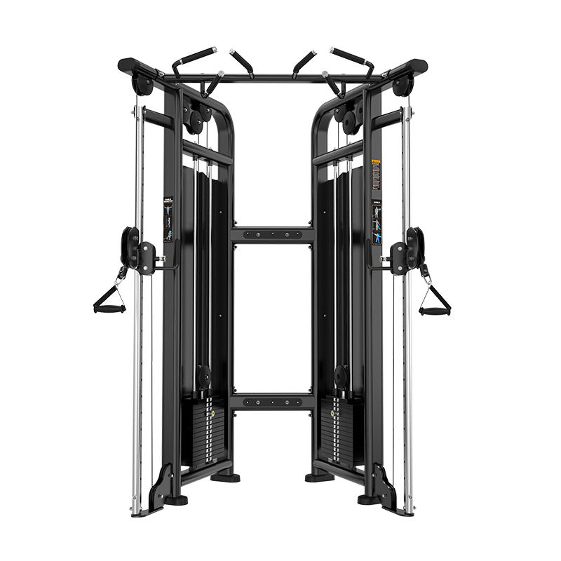 BH22 functional trainer front view showing dual weight stacks and adjustable cable pulleys