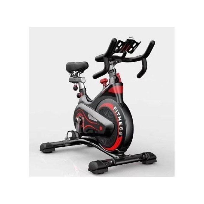 Happy Gam Spinning Bike in black and red, with adjustable saddle, multi-grip handlebars and device holder