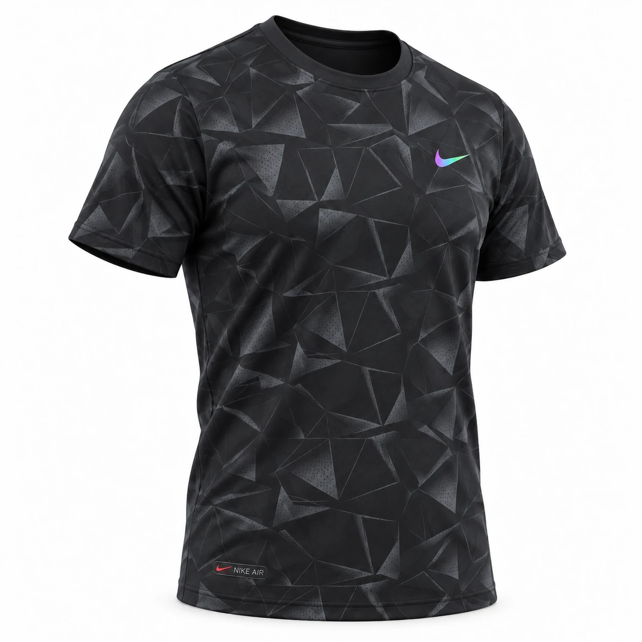 Nike Geometric Print Training T-Shirt in Black – angled front view studio mockup