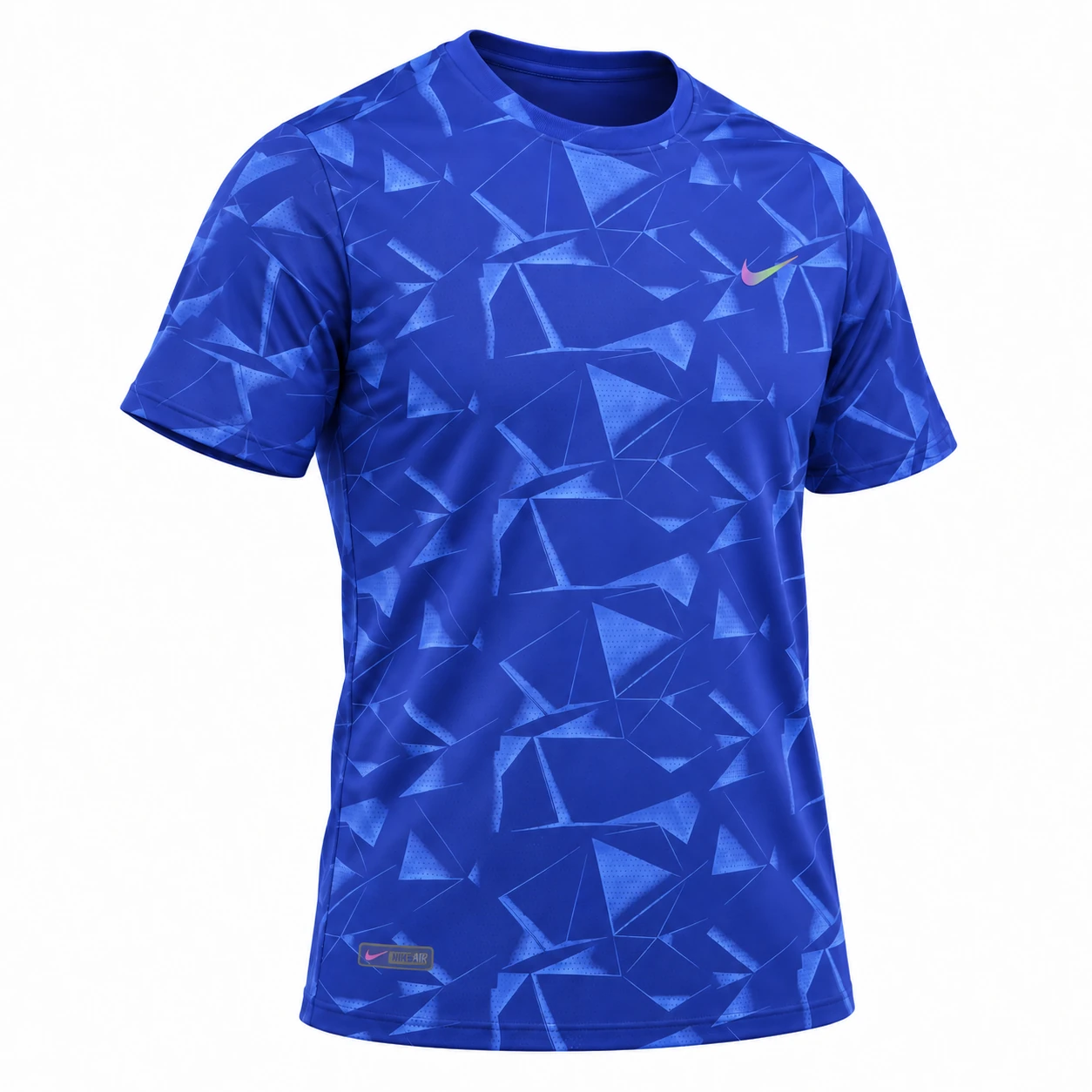 Nike Geometric Print Training T-Shirt in Royal Blue – angled front view studio mockup