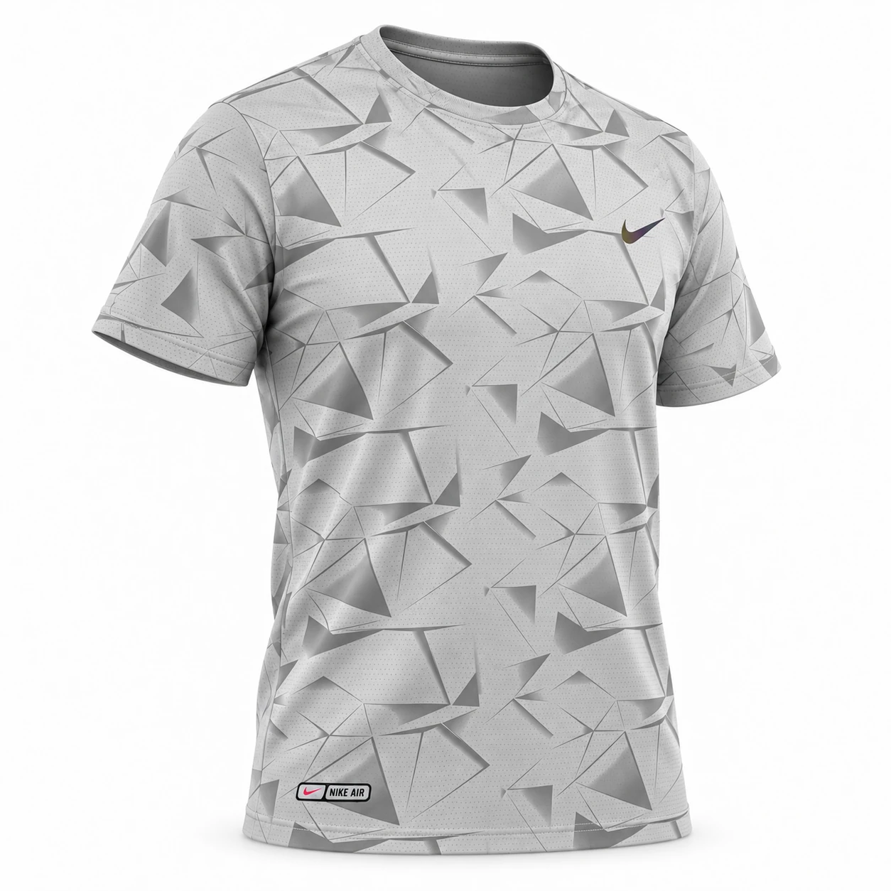 Nike Geometric Print Training T-Shirt in Light Grey – angled front view studio mockup