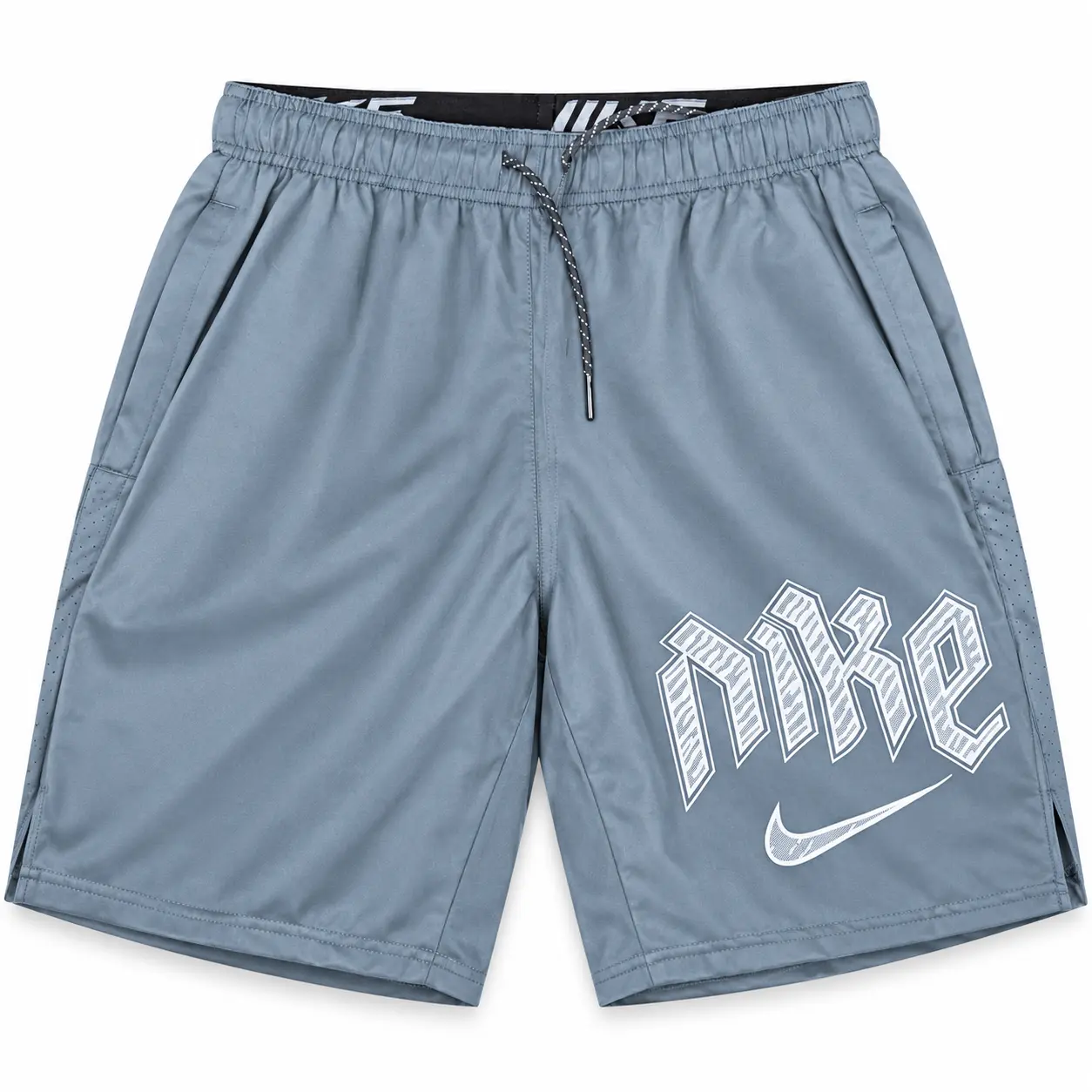 Nike Gothic Logo Sports Shorts in Blue Grey / White, front view — cleaned product photo
