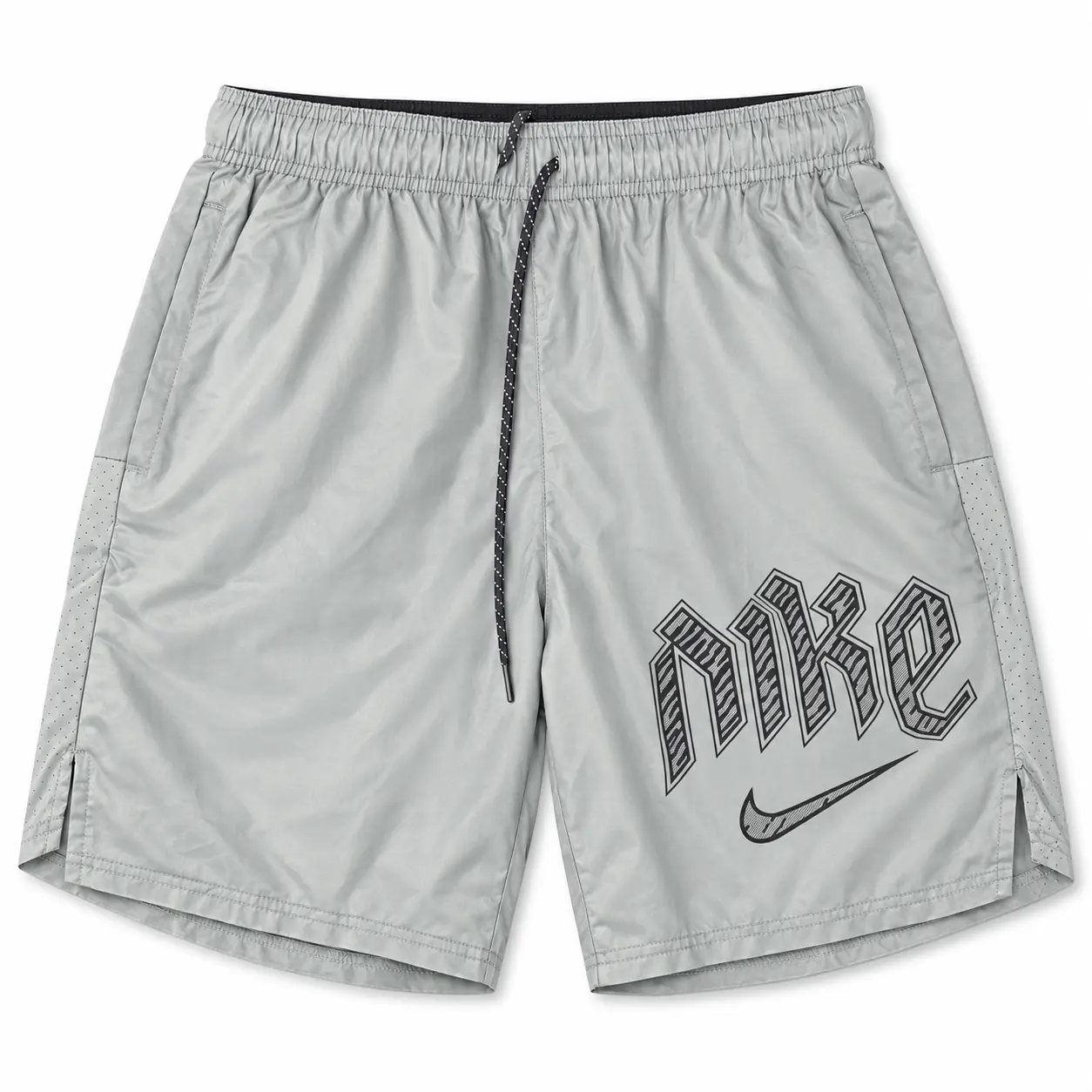 Nike Gothic Logo Sports Shorts in Light Grey / Black, front view — cleaned product photo