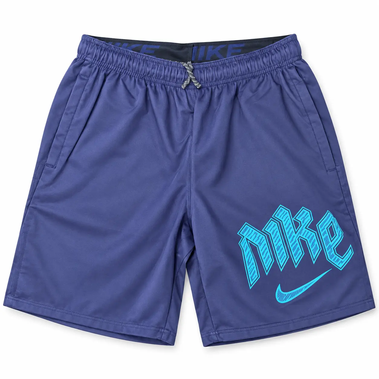 Nike Gothic Logo Sports Shorts in Navy / Turquoise, front view — cleaned product photo