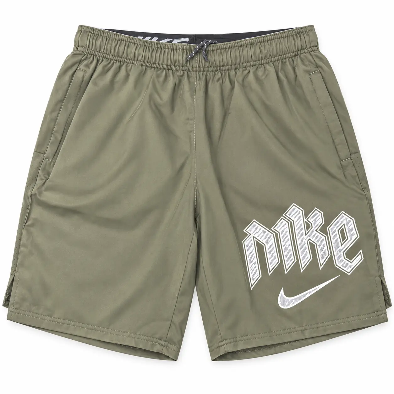 Nike Gothic Logo Sports Shorts in Olive / White, front view — cleaned product photo