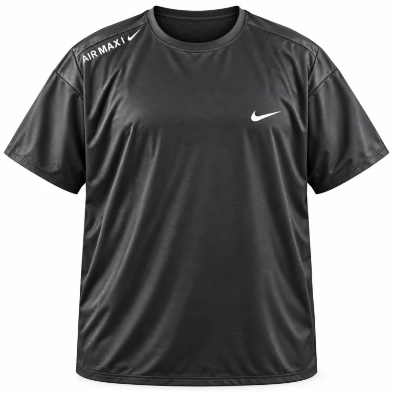 Nike Shoulder Print Sports T-Shirt – Plus Size in Black, front view — studio mockup