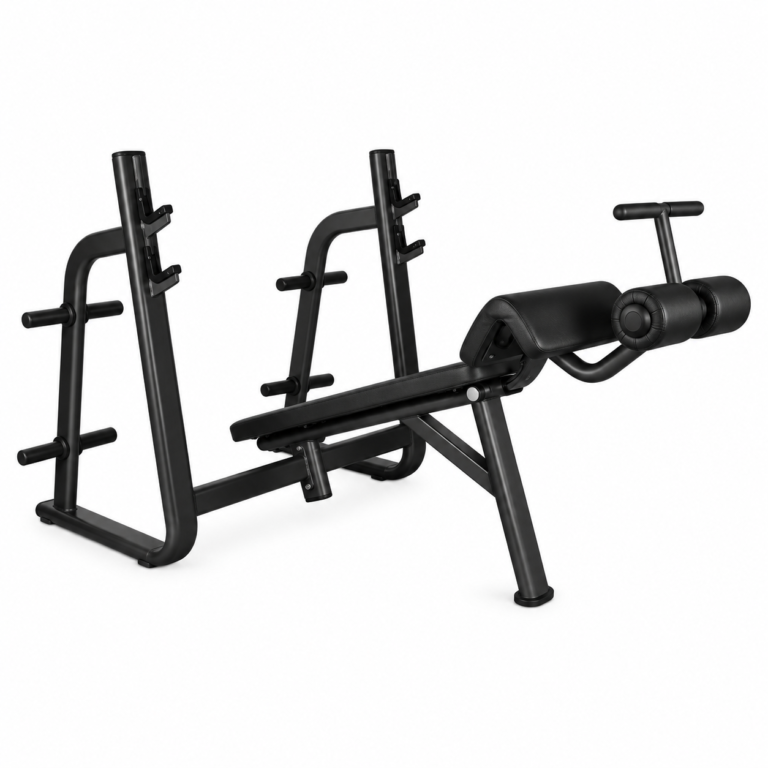 All-black Olympic decline bench press with padded leg rollers and integrated bar supports