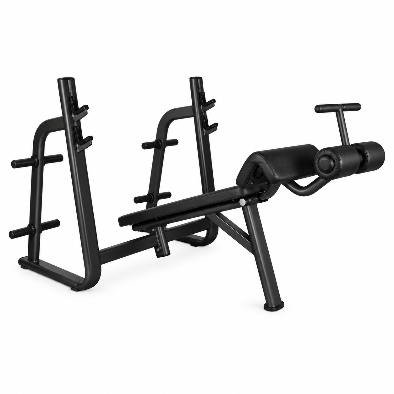 All-black Olympic decline bench press with padded leg rollers and integrated bar supports