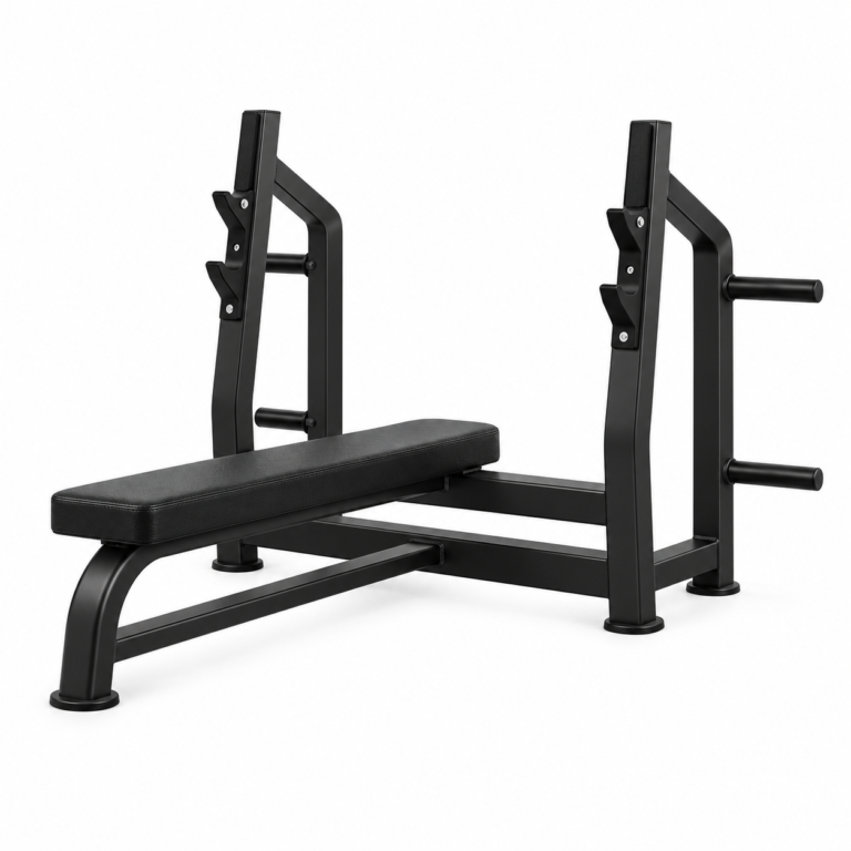 All-black Olympic flat bench press with integrated bar supports and plate-storage pegs
