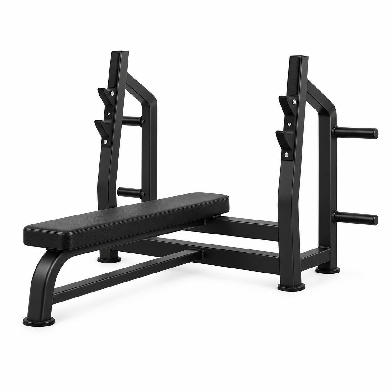 All-black Olympic flat bench press with integrated bar supports and plate-storage pegs