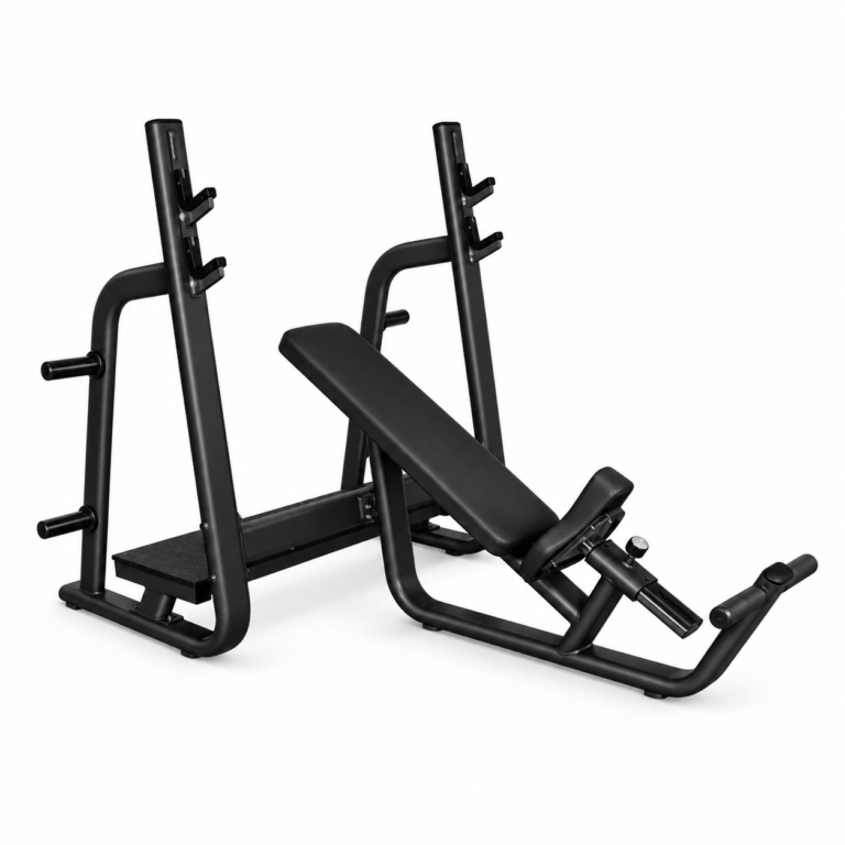 All-black Olympic incline bench press with angled backrest, separate seat and integrated bar rack