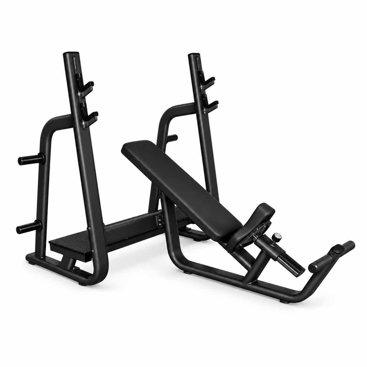 All-black Olympic incline bench press with angled backrest, separate seat and integrated bar rack
