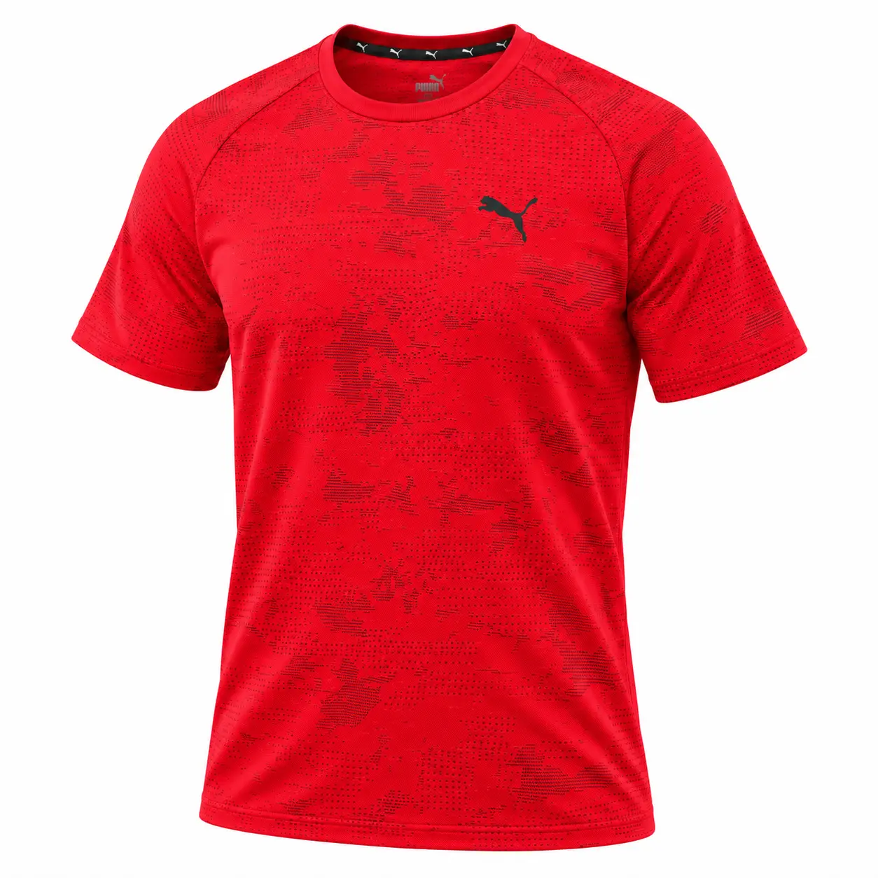 Puma Cat Logo Camo Training T-Shirt in Red — angled front view studio mockup