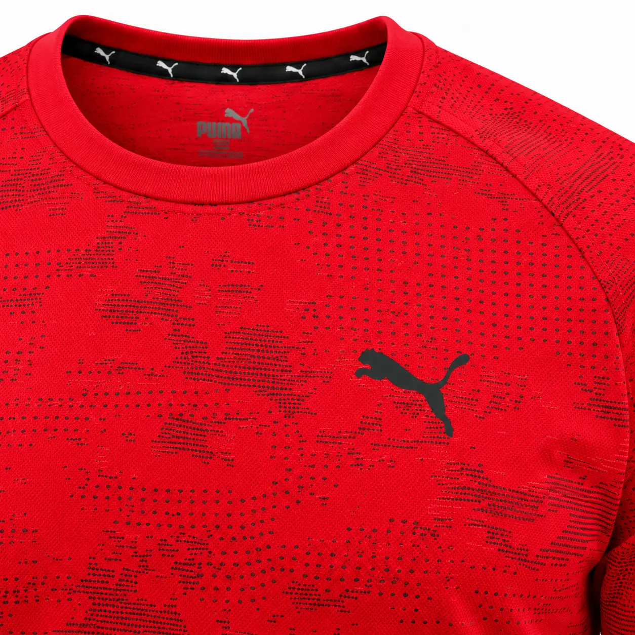 Puma Cat Logo Camo Training T-Shirt in Red — chest detail studio mockup