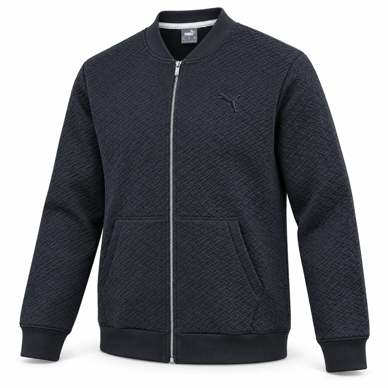 Puma Geometric-Textured Zip Jacket in Charcoal – angle studio mockup