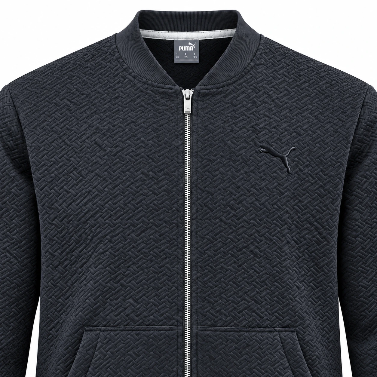Puma Geometric-Textured Zip Jacket in Charcoal – detail studio mockup