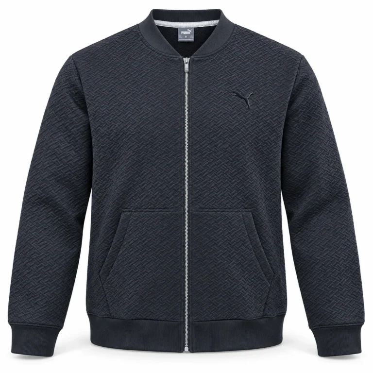 Puma Geometric-Textured Zip Jacket in Charcoal – front studio mockup