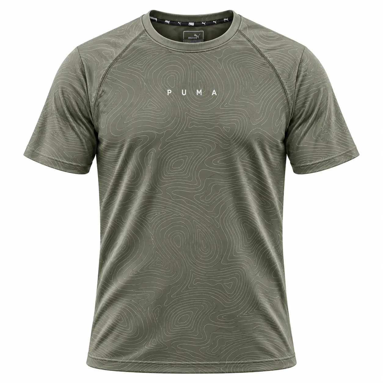 Puma Contour Print Wordmark Training T-Shirt in Olive — front view studio mockup