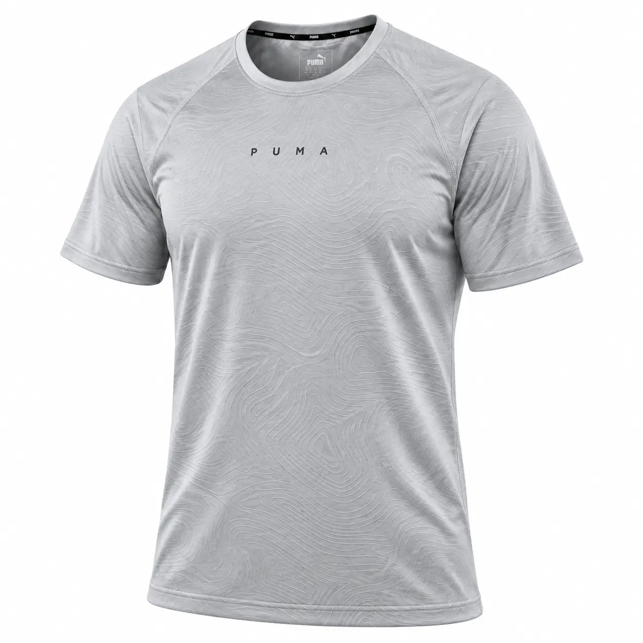 Puma Contour Print Wordmark Training T-Shirt in Silver Grey — angled front view studio mockup