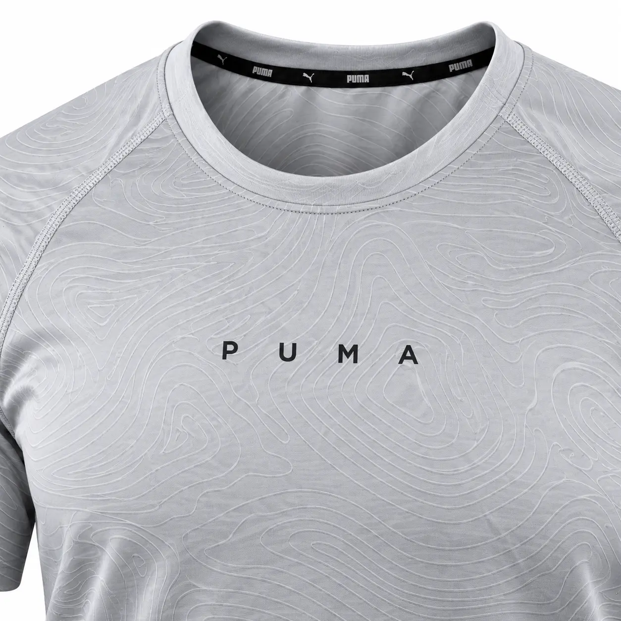 Puma Contour Print Wordmark Training T-Shirt in Silver Grey — chest detail studio mockup