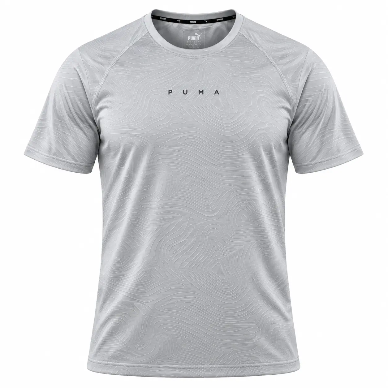 Puma Contour Print Wordmark Training T-Shirt in Silver Grey — front view studio mockup