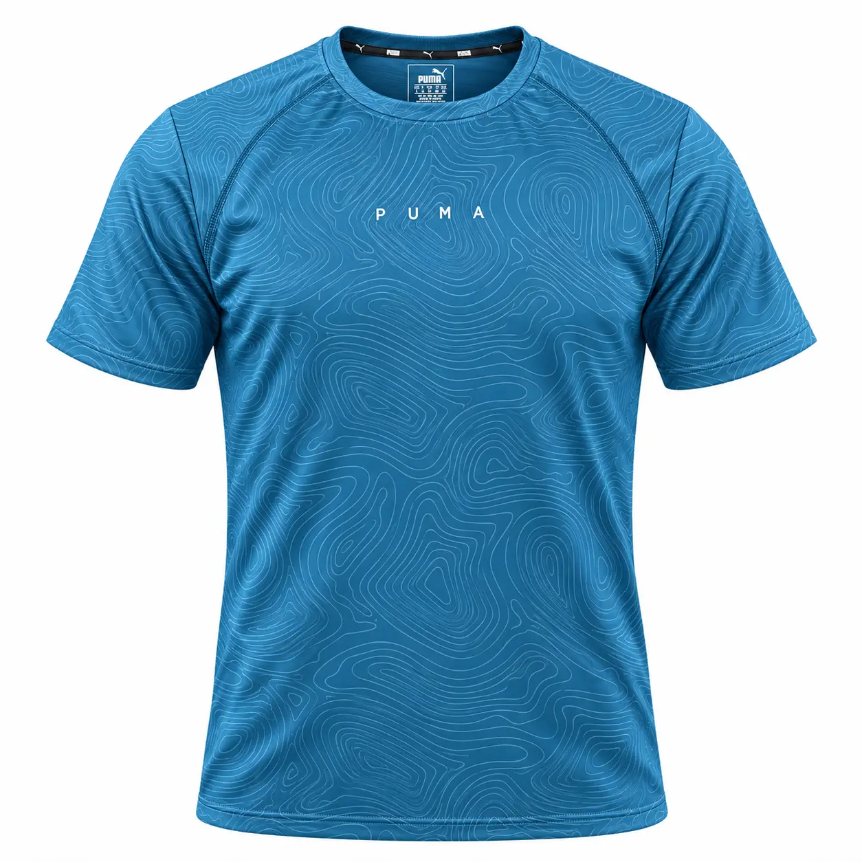 Puma Contour Print Wordmark Training T-Shirt in Teal Blue — front view studio mockup