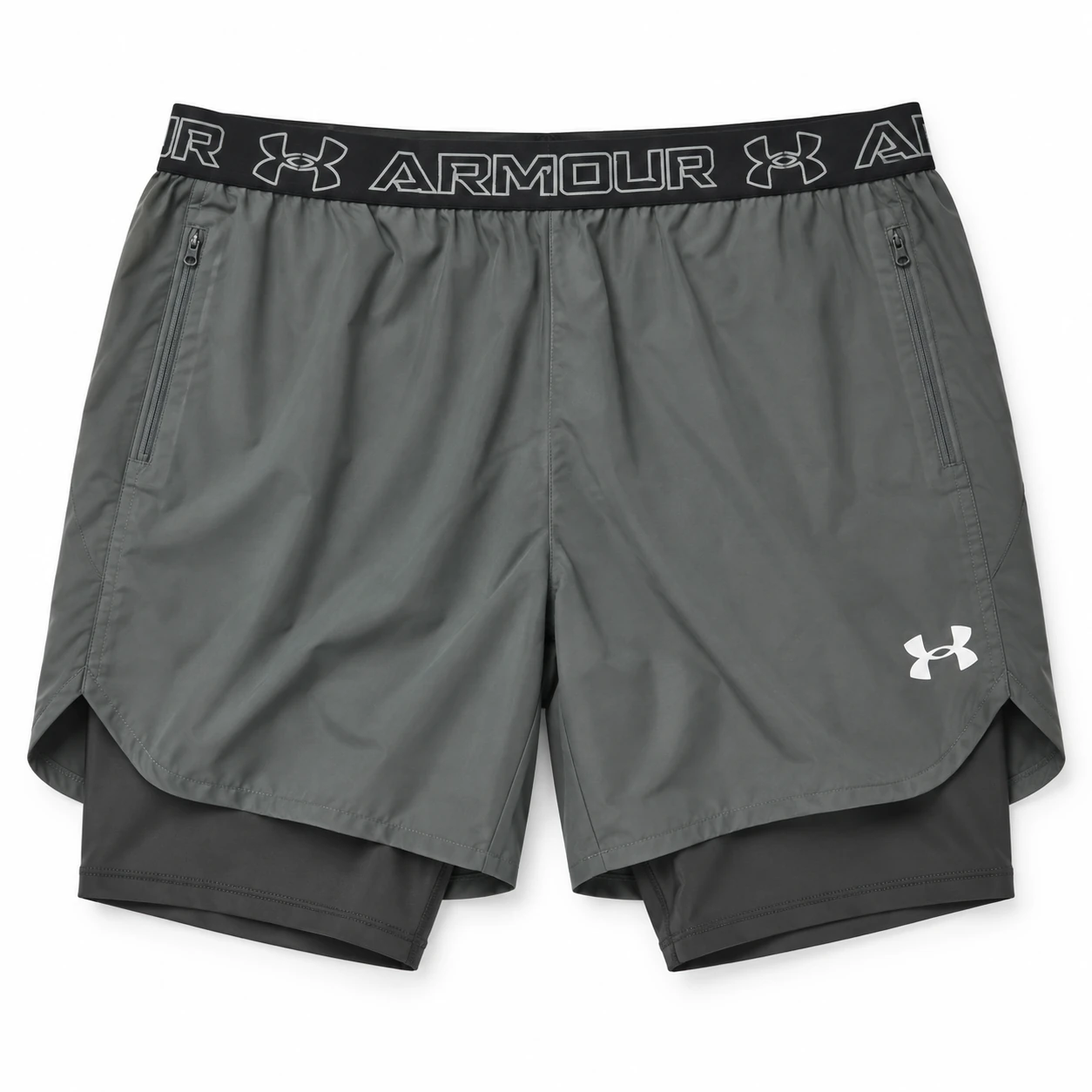 Under Armour Logo-Waistband 2-in-1 Shorts – Dark Grey, front studio mockup