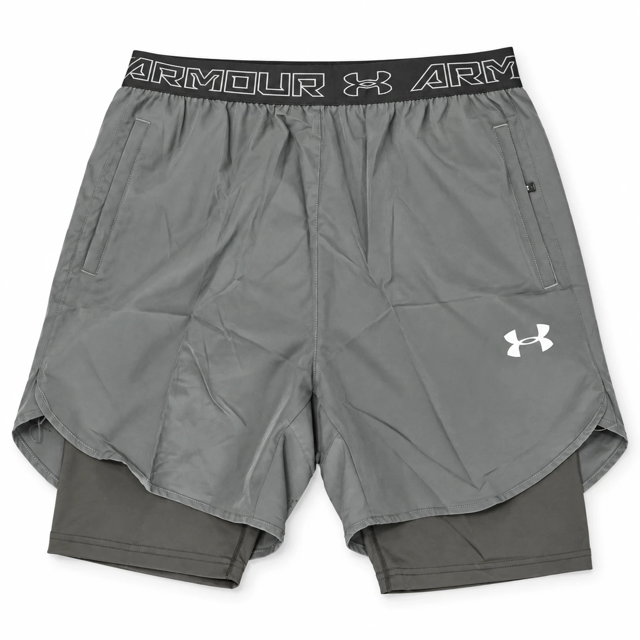 Under Armour Logo-Waistband 2-in-1 Shorts – Grey, front studio mockup