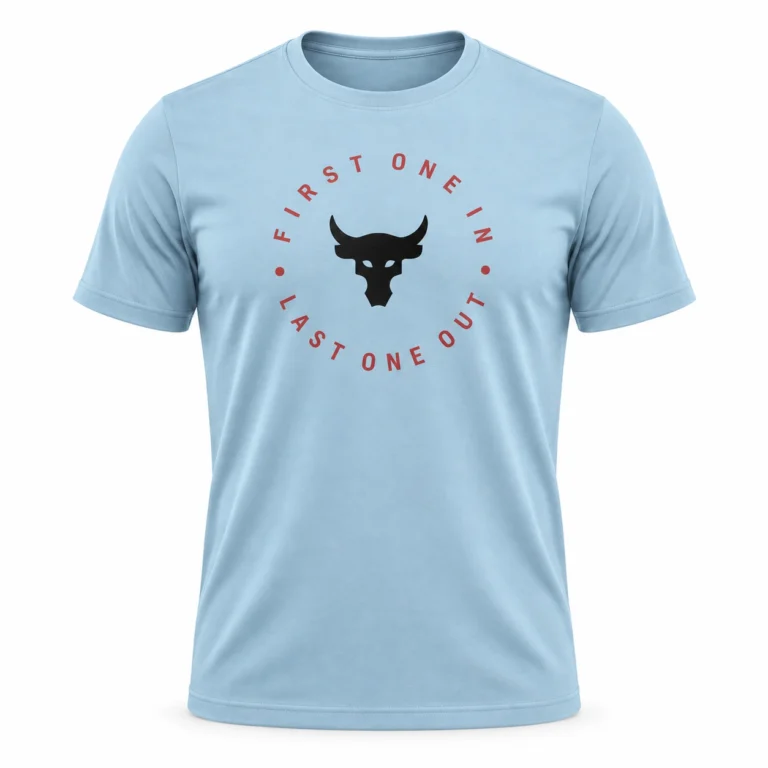 Under Armour Project Rock First One In Last One Out T-Shirt – Light Blue — studio mockup — front view